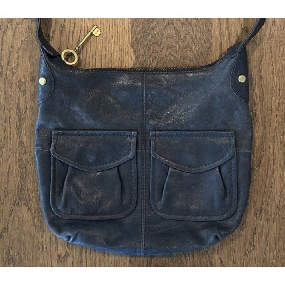 Vtg Fossil Black Leather Crossbody Bag SHB9833 Y2K Utility Cargo Double Pockets